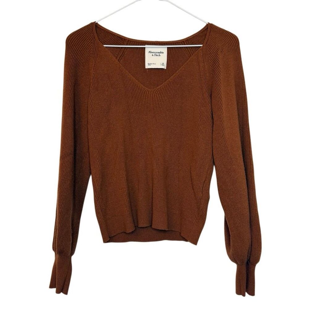 Abercrombie & Fitch Ribbed Knit Raglan Sleeve V-neck Brown Pullover Sweater XS
